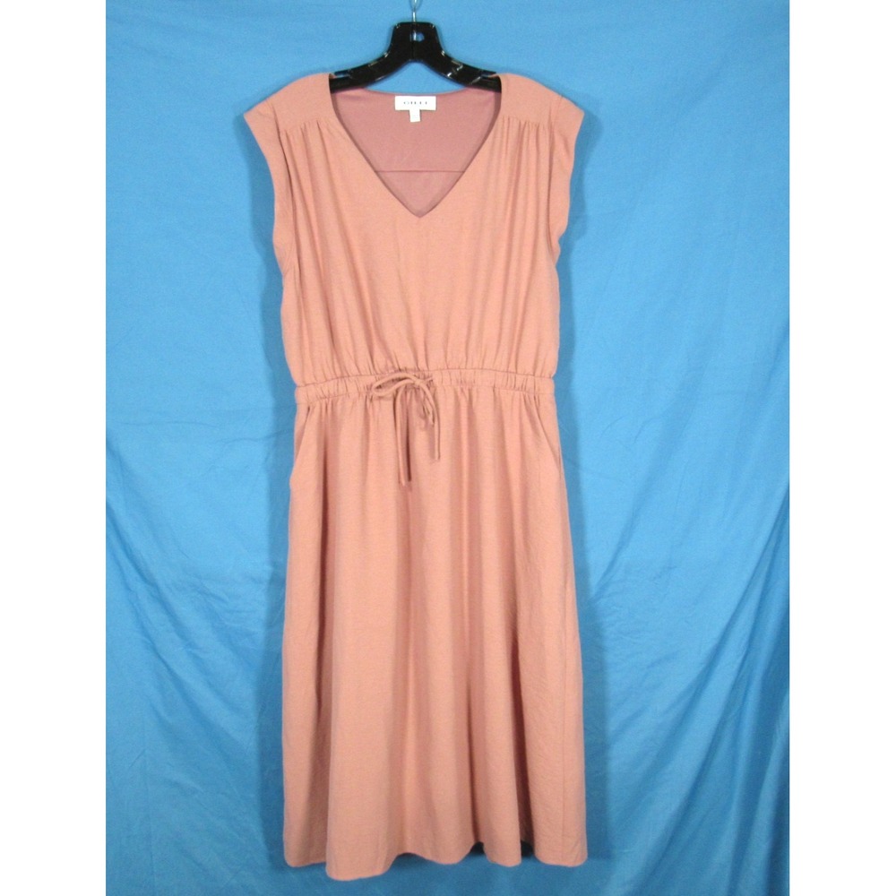 GILLI Dusty Rose CREPE Pleated Trim TIE ELASTIC WAIST Pockets SHIFT MIDI DRESS L